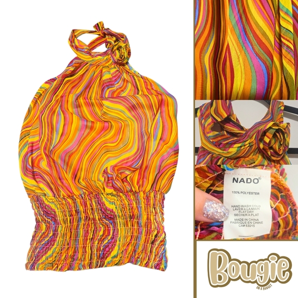 Nado Tops - Nado Backless Halter Blouse | Striped Hippie Boho Top | Size Medium